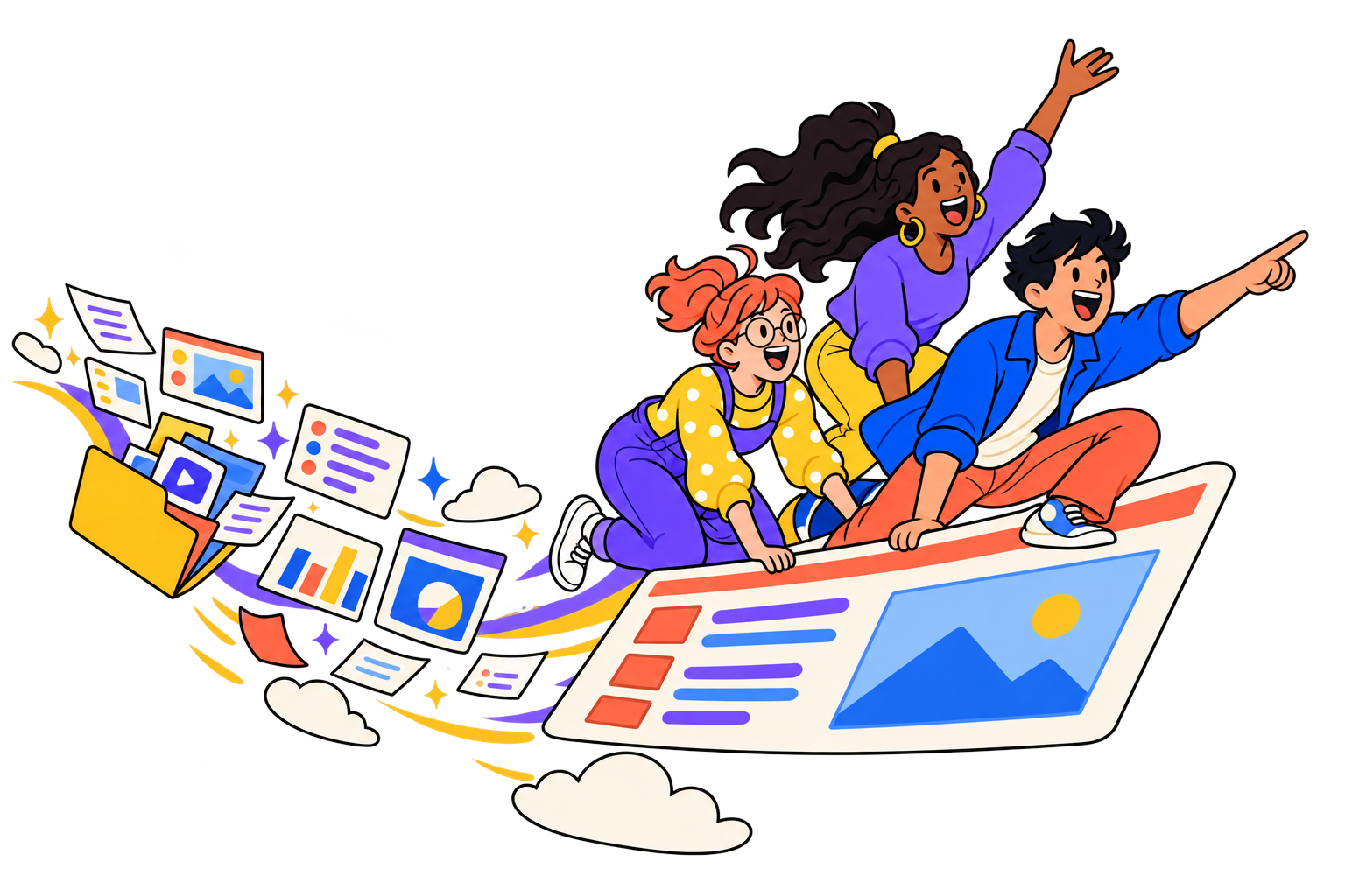 People riding a flying slide as flyers and charts fly out of a folder